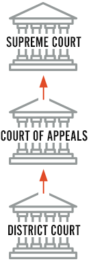 Graphic of the three tiers of the federal court system, with arrows showing the level of hierarchy; District Court to Court of Appeals to U.S. Supreme Court.